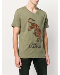 T-shirt à col rond imprimé olive Pierre Balmain
