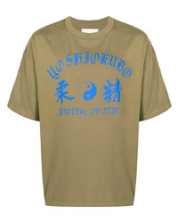 T-shirt à col rond imprimé olive Yoshiokubo