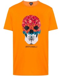T-shirt à col rond imprimé orange Just Cavalli