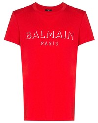 T-shirt à col rond imprimé rouge et blanc Balmain