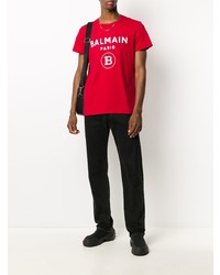 T-shirt à col rond imprimé rouge et blanc Balmain