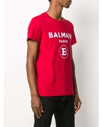 T-shirt à col rond imprimé rouge et blanc Balmain