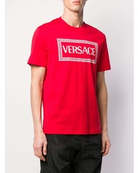 T-shirt à col rond imprimé rouge et blanc Versace