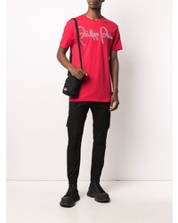 T-shirt à col rond imprimé rouge et blanc Philipp Plein