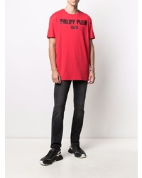 T-shirt à col rond imprimé rouge et noir Philipp Plein