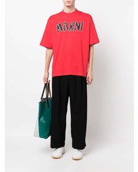 T-shirt à col rond imprimé rouge et noir Marni