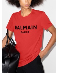 T-shirt à col rond imprimé rouge et noir Balmain