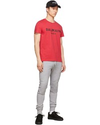 T-shirt à col rond imprimé rouge et noir Balmain