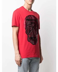 T-shirt à col rond imprimé rouge et noir Philipp Plein