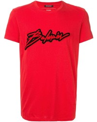 T-shirt à col rond imprimé rouge Balmain