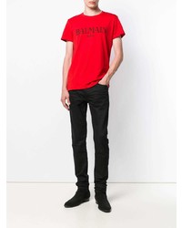 T-shirt à col rond imprimé rouge Balmain