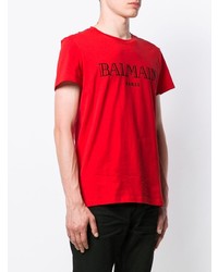 T-shirt à col rond imprimé rouge Balmain