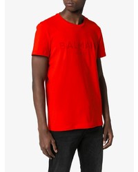 T-shirt à col rond imprimé rouge Balmain