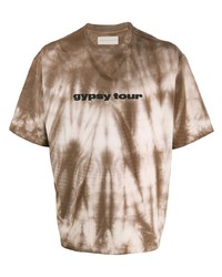 T-shirt à col rond imprimé tie-dye blanc et marron