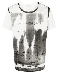 T-shirt à col rond imprimé tie-dye blanc et noir Alexander McQueen