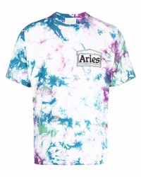 T-shirt à col rond imprimé tie-dye blanc Aries