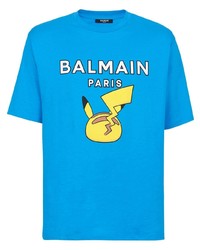 T-shirt à col rond imprimé turquoise Balmain