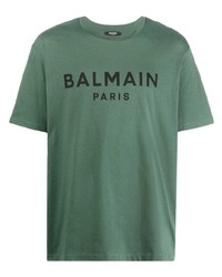 T-shirt à col rond imprimé vert foncé Balmain