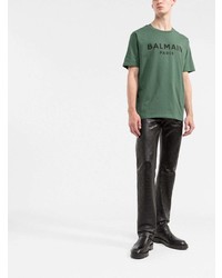 T-shirt à col rond imprimé vert foncé Balmain