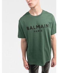 T-shirt à col rond imprimé vert foncé Balmain