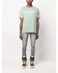 T-shirt à col rond imprimé vert menthe Balmain