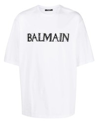 T-shirt à col rond orné blanc Balmain