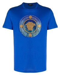 T-shirt à col rond orné bleu Versace