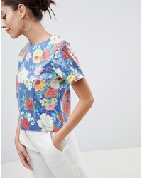 T-shirt à col rond pailleté à fleurs multicolore