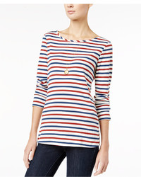 T-shirt à manche longue à rayures horizontales blanc et rouge et bleu marine