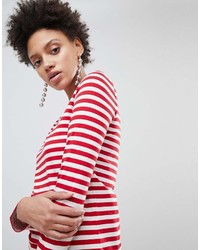 T-shirt à manche longue à rayures horizontales blanc et rouge