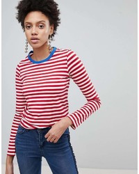 T-shirt à manche longue à rayures horizontales blanc et rouge