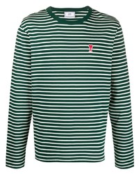 T-shirt à manche longue à rayures horizontales blanc et vert Ami Paris