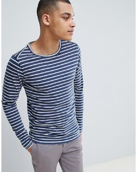 T-shirt à manche longue à rayures horizontales bleu marine et blanc Selected Homme