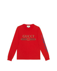 T-shirt à manche longue brodé rouge Gucci