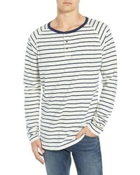 T-shirt à manche longue et col boutonné à rayures horizontales blanc et bleu marine