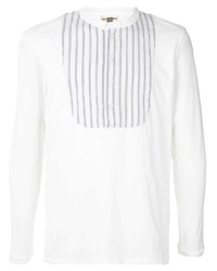 T-shirt à manche longue et col boutonné à rayures verticales blanc
