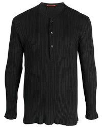 T-shirt à manche longue et col boutonné à rayures verticales noir
