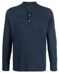 T-shirt à manche longue et col boutonné bleu marine Zanone