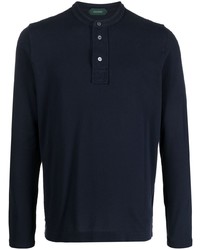 T-shirt à manche longue et col boutonné bleu marine Zanone