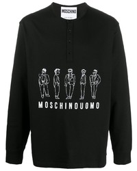 T-shirt à manche longue et col boutonné imprimé noir et blanc Moschino