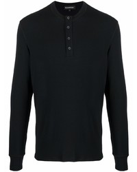 T-shirt à manche longue et col boutonné noir Ermenegildo Zegna