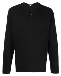 T-shirt à manche longue et col boutonné noir James Perse
