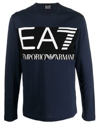 T-shirt à manche longue imprimé bleu marine et blanc Ea7 Emporio Armani