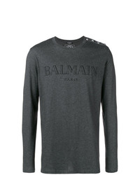 T-shirt à manche longue imprimé gris foncé Balmain