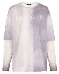 T-shirt à manche longue imprimé tie-dye gris Balmain