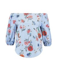 Top à épaules dénudées à fleurs bleu clair New Look