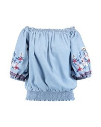 Top à épaules dénudées à fleurs bleu clair New Look