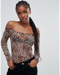 Top à épaules dénudées imprimé léopard marron