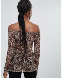 Top à épaules dénudées imprimé léopard marron Minimum