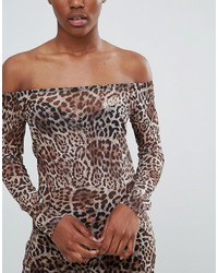 Top à épaules dénudées imprimé léopard marron Minimum